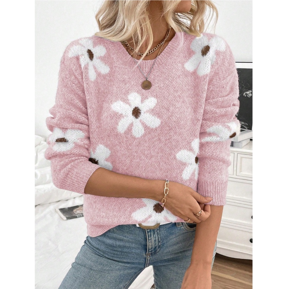 Pink Pullover Sweater Knit Flower Texture Crewneck
